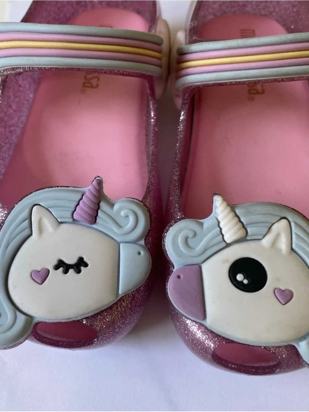 Mini Melissa Pink Glitter jelly shoes Unicorn Mary Janes with Pastel Strap